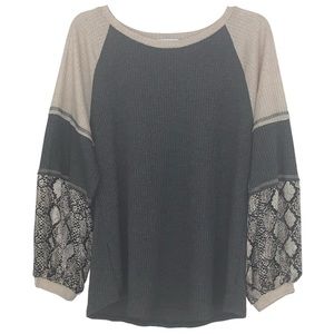 Grey Waffle Knit Top With Snake Print Sleeves